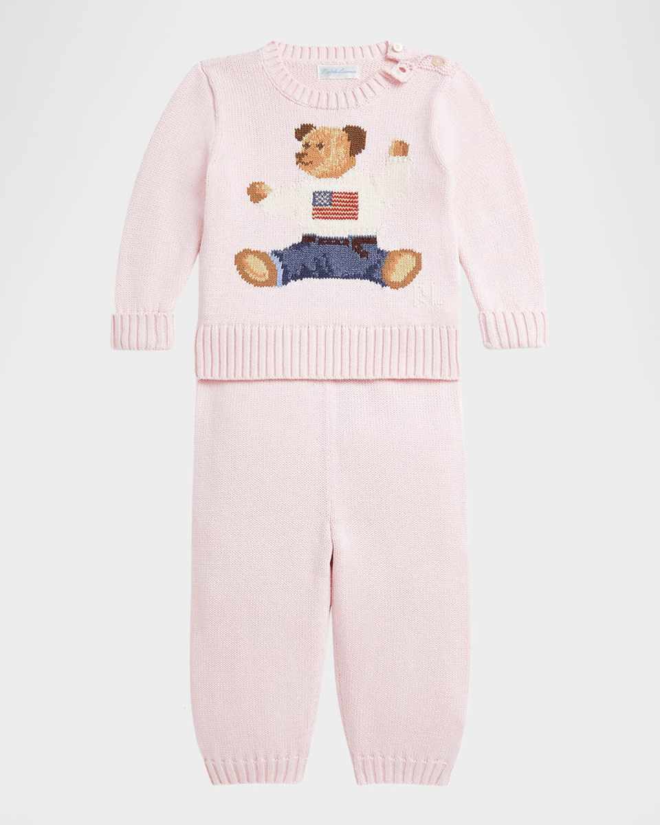 Girl's Flag Bear Intarsia Knit Sweater and Pants Set, Size 3